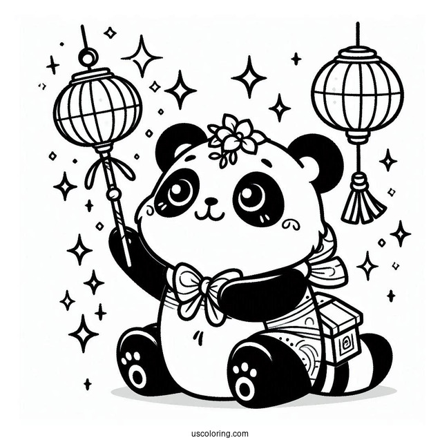 Panda Coloring Page with Sparkling Wand and Floating Lanterns For Kids