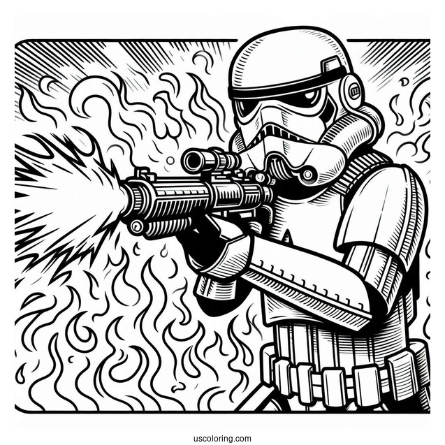 Easy Stormtrooper Coloring Page Shooting Blaster With Flames In The Background