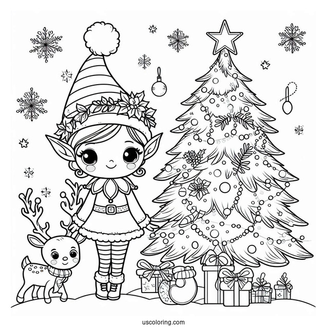 Elf, Reindeer And Christmas Tree To Color For Kids