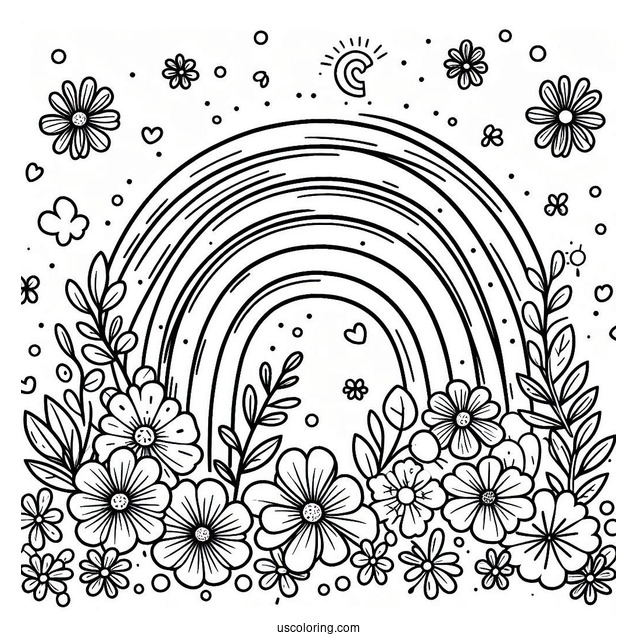 Spring Coloring Page Rainbow With Flowers For Preschoolers