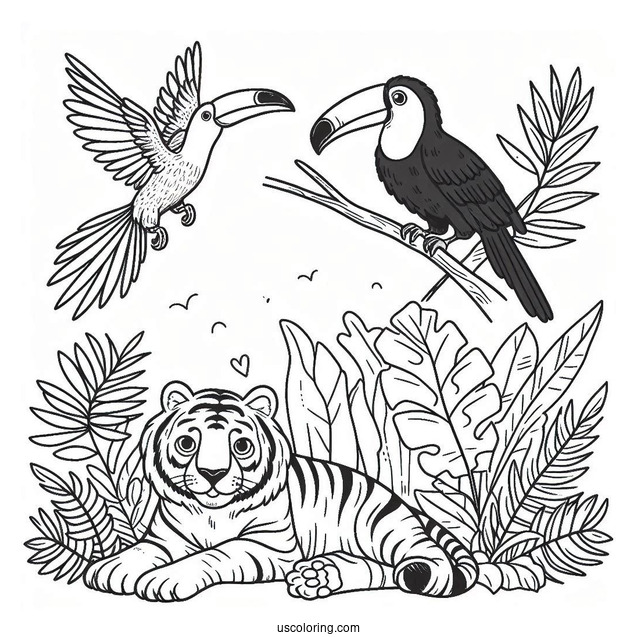 Simple Sloth, Tiger, And Toucan In The Jungle Coloring Page For Kids