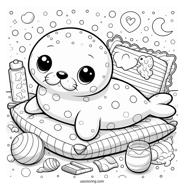 Cute Seal Coloring Page Stuffed Toy On A Bed