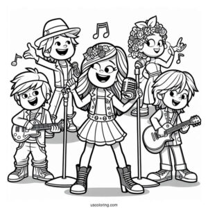 Sing Coloring Page Of Clay, Rosita, Johnny, Meena, Ash, And Friends In Rock N Roll Costumes