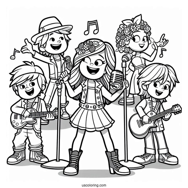 Sing Coloring Page Of Clay, Rosita, Johnny, Meena, Ash, And Friends In Rock N Roll Costumes