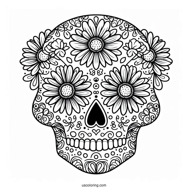 Daisy Patterned Sugar Skull Coloring Page