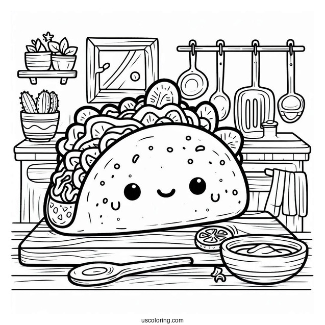 Adorable Taco On The Kitchen Coloring Sheet For Kids