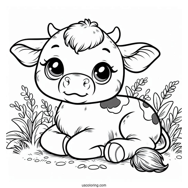 Baby Cow Resting In Grass Coloring Page