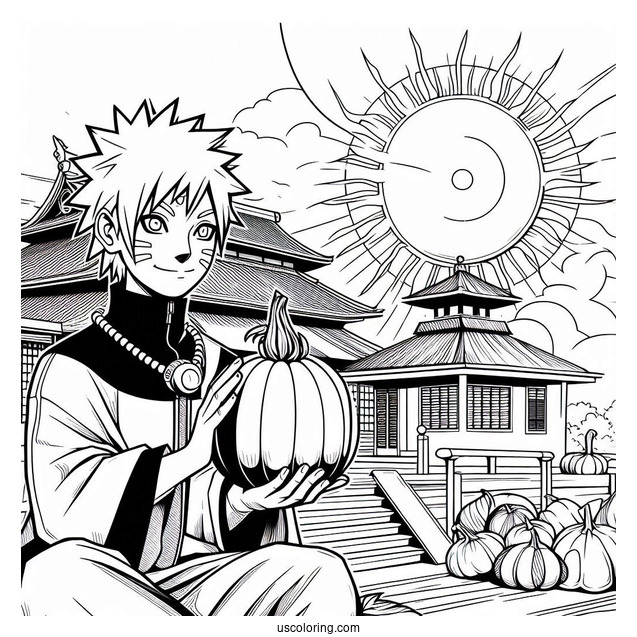 Naruto Coloring Page Of Gaara with Gourd in Front of Sun and Temples