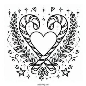 Love Heart Candy Cane Coloring Page With Laurels And Stars