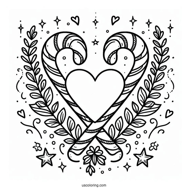 Love Heart Candy Cane Coloring Page With Laurels And Stars