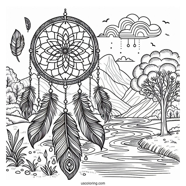 Dreamcatcher With Peacock Coloring Page Feathers Over River Landscape