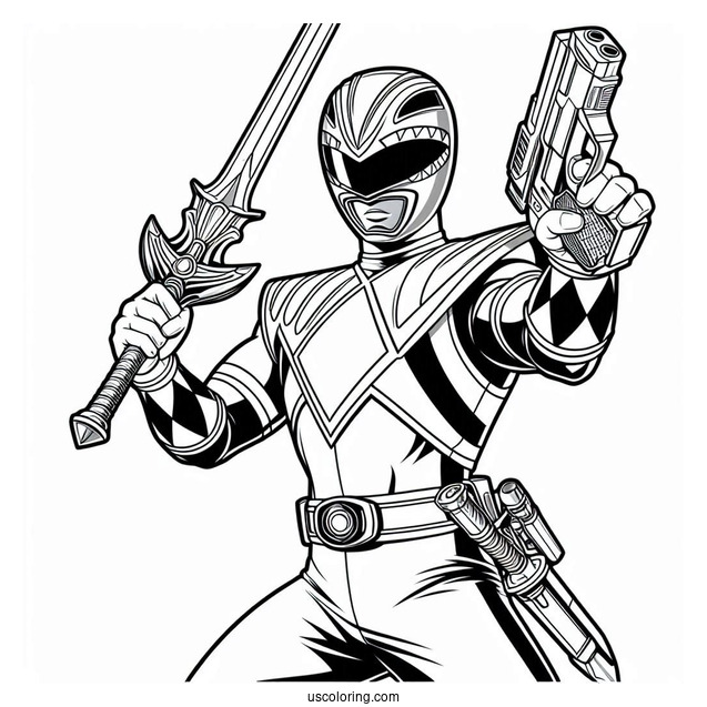 Power Ranger Holding Gun And Sword Coloring Sheet
