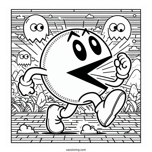 Detailed Pac-Man Coloring Page Running With Ghost Icons In Background Poster