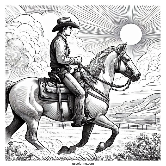 Realistic Cowboy Coloring Page Riding A Horse With The Sun Behind Them