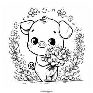 Easy Piglet Coloring Page Holding Flowers For Kids