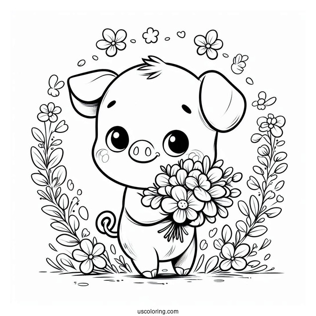 Easy Piglet Coloring Page Holding Flowers For Kids