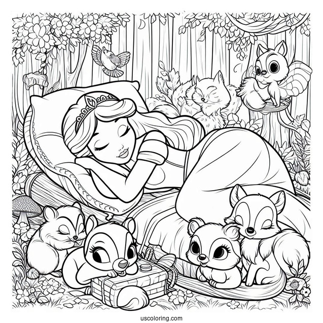 Sleeping Beauty With Forrest Critters Coloring Page
