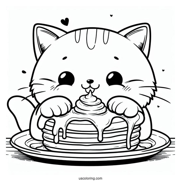 Cute Cat Drooling Over Pancake Coloring Page