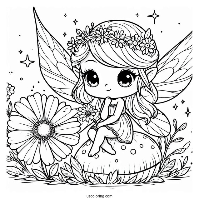 Chibi Coloring Page Fairy Sitting on a Flower For Kids