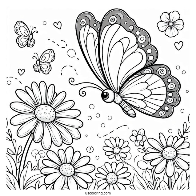 Cartoon Butterfly Hovering Above Daisies In Spring Coloring Page