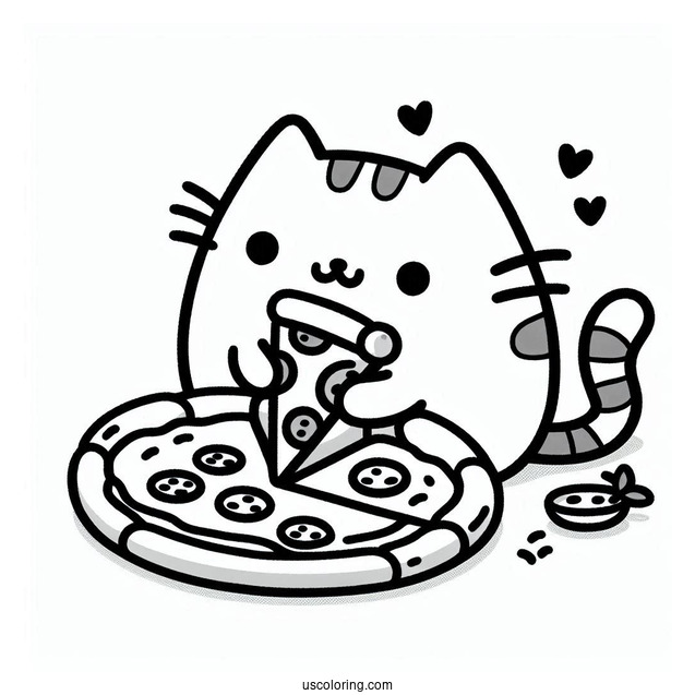 Pusheen Cat Eating Pizza Coloring Page