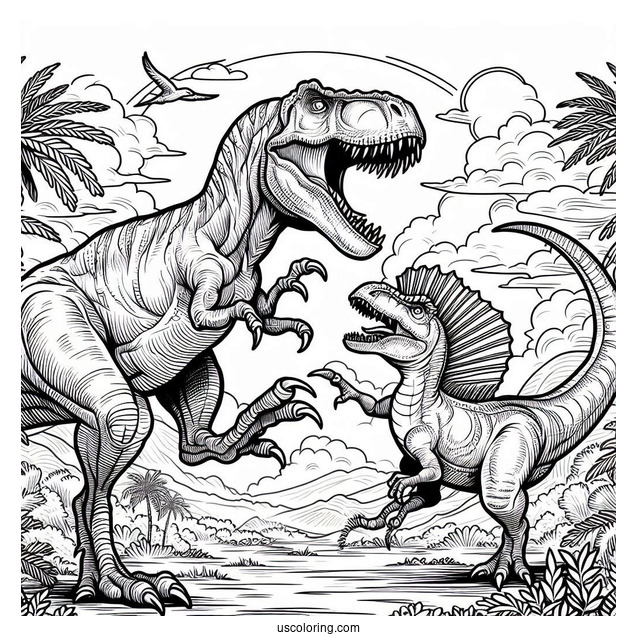 T Rex Fighting A Spinosaurus Coloring Page