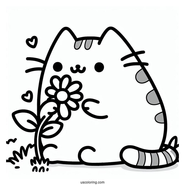 Pusheen Cat Nibbling On a Flower To Color