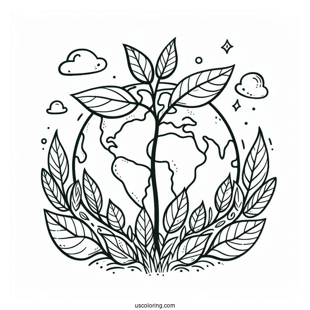 Adorable Earth Sprouting Leaves Coloring Page For Kids