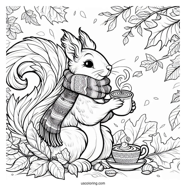 Squirrel Coloring Page Sitting On Fall Leaves With Scarf And Hot Drink