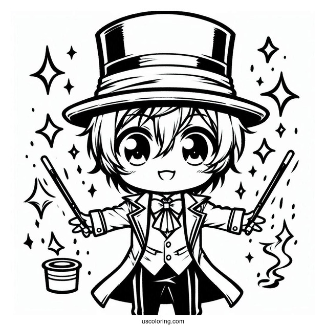 Chibi Coloring Page Stage Magician Wowing the Crowd with Magic Tricks