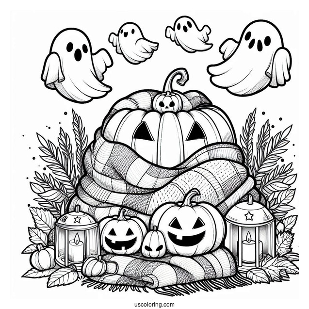 Pumpkin Coloring Page Of Blanket Ghosts Hovering Above Jack O Lanterns For Kids