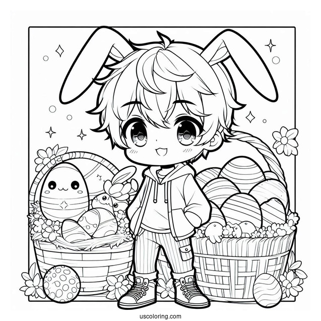 Easter Coloring Page Of Cute Anime Boy With Easter Bunny And Eggs For Kids
