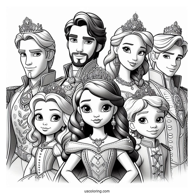 Sofia The First Coloring Pages With King Roland, Queen Miranda, Princess Amber, And Prince James