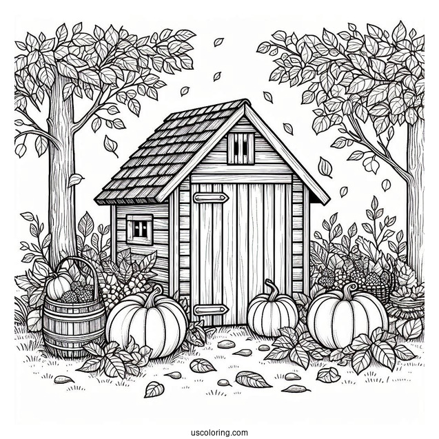 Wooden Shed Covered In Leaves And Filled With Pumpkin Coloring Page