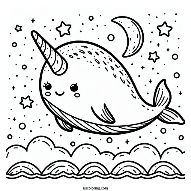 Cute Narwhal Coloring Page Flying In The Night Sky