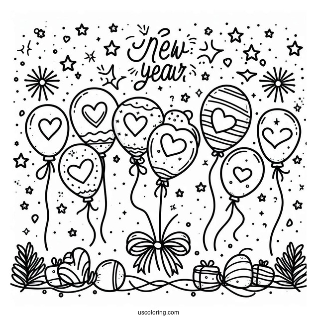 Happy New Year Coloring Page Of Balloons With Love Hearts And Stars
