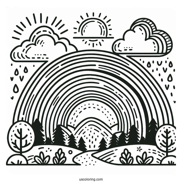 Full Page Rainbow With Sun And Cloud To Color