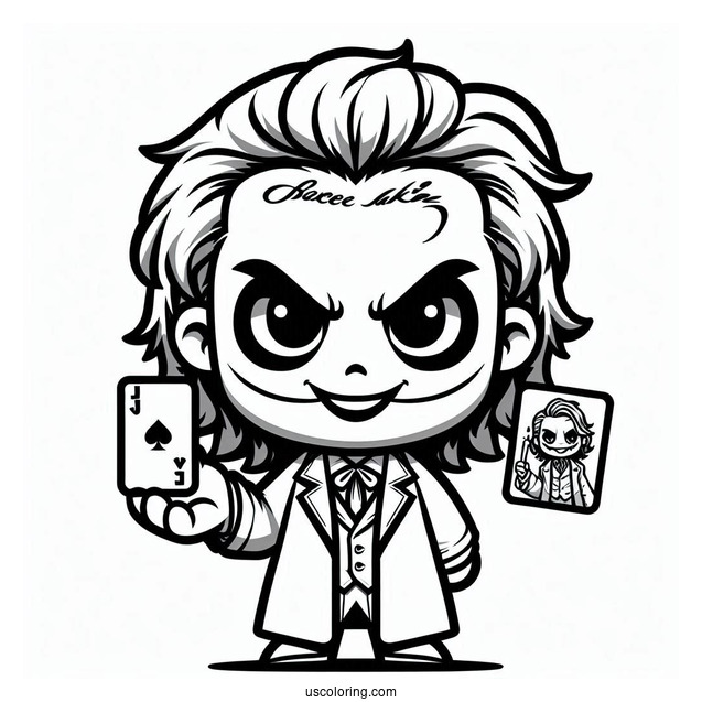Evil Chibi Joker Coloring Page Holding Up A Joker Card For Kids