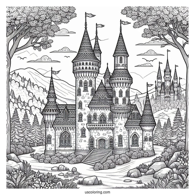 Detailed Medieval Castle Coloring Page In The Forest