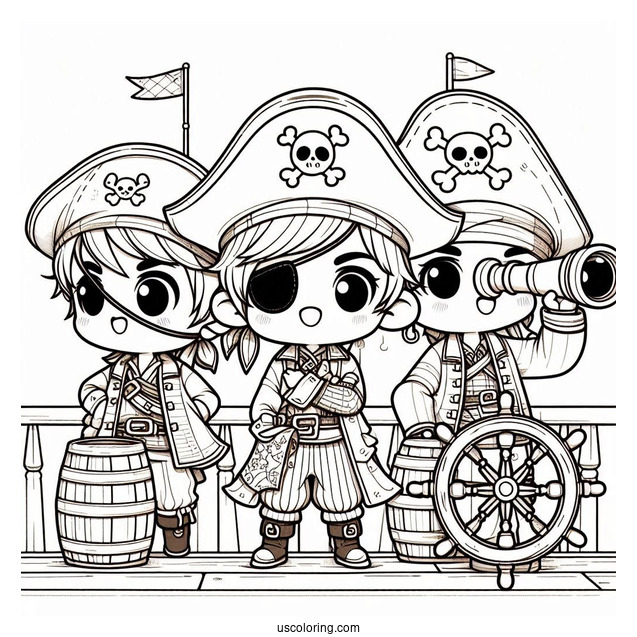 Three Chibi Pirate Coloring Page On Deck With A Map And A Telescope
