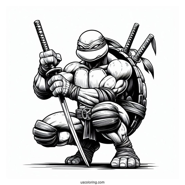 Ninja Turtles Coloring Page Of Leonardo Kneeling On Ground While Holding Katana