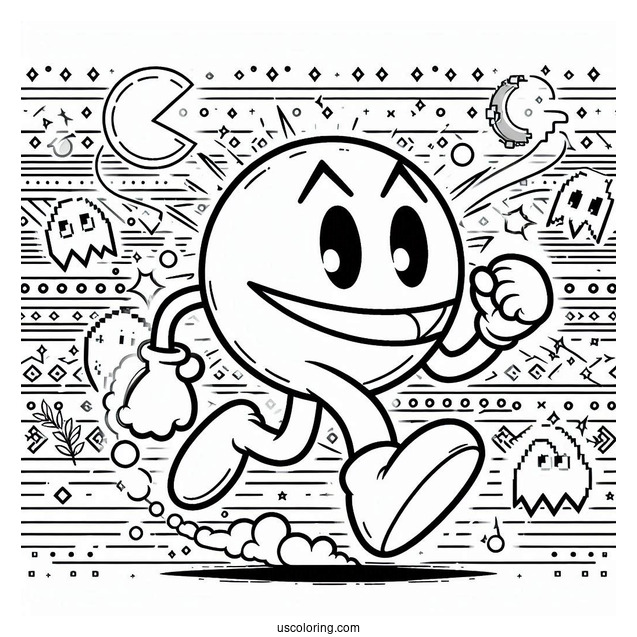 Detailed Pac-Man Coloring Page Running With Ghost Icons In Background Poster