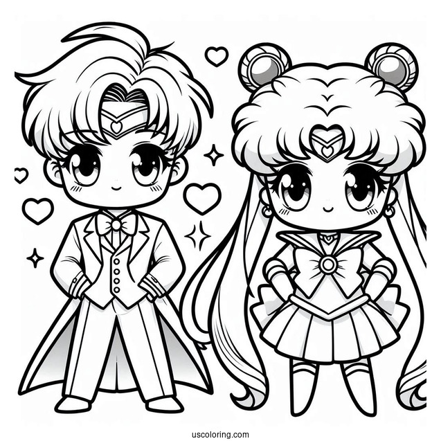 Cute Kawaii Tuxedo Mask And Sailor Moon Coloring Sheet