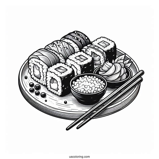 Realistic Sushi Coloring Pages Plate