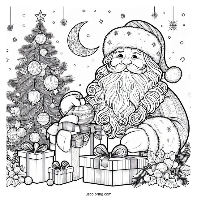 Christmas Coloring Pages For Adults Of Easy Outline Of Realistic Santa Claus Holding Presents Christmas