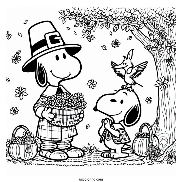 Pilgrim Coloring Page Snoopy And Woodpecker Celebrating Thanksgiving