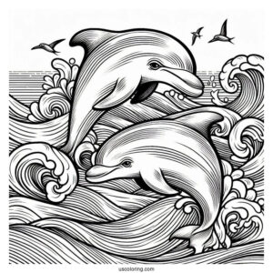 Two Dolphins Swimming In Waves