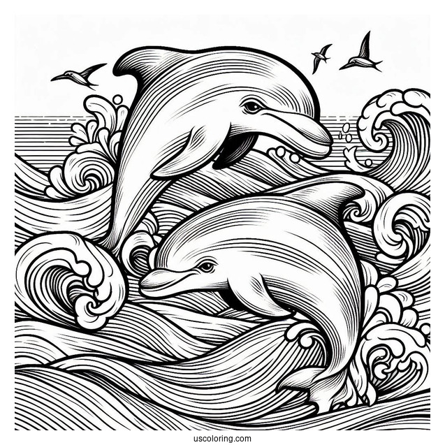 Two Dolphins Swimming In Waves