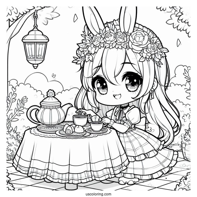 Chibi Coloring Page Girl Wearing Bunny Ears Hosting an Outdoor Tea Party
