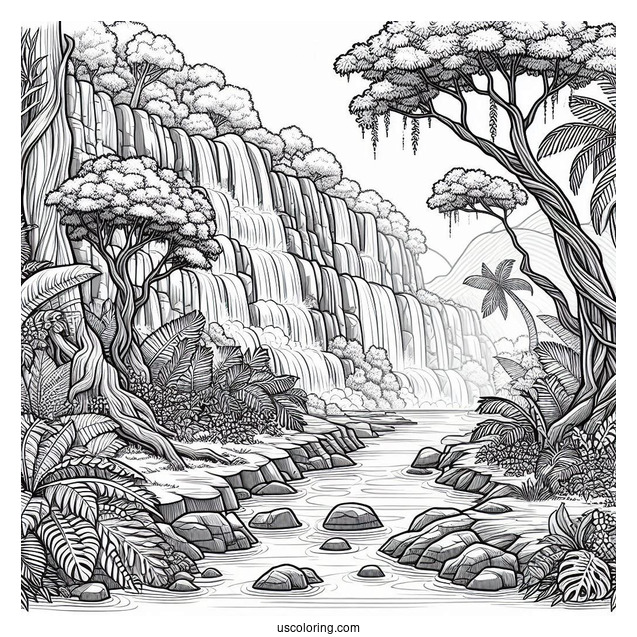 Detailed Jungle Coloring Page Of Waterfall